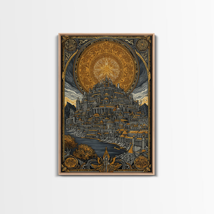 Asgard City Canvas Gold Art Canvas Art | Norse Mythology Viking Wall Decor Office Art | Nordic Fortress Scene in Real Wood Frame