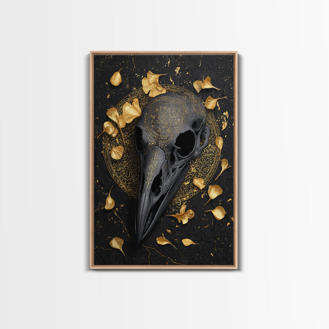 Raven Skull Canvas Gold Art Canvas Art | Odin’s Symbol Norse Mythology Wall Decor | Man Cave or Office Art with Natural Wood Frame
