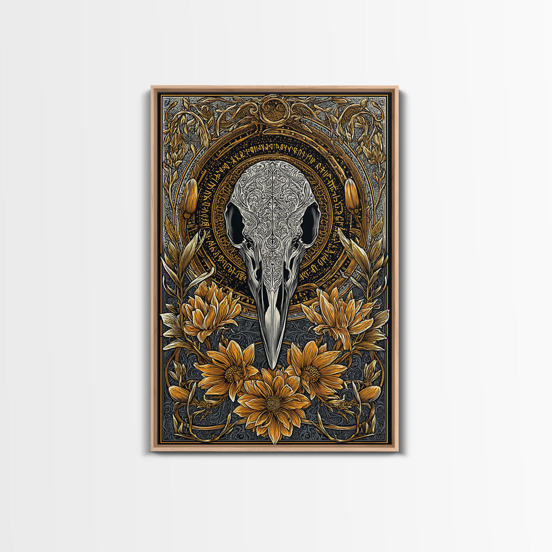 Floral Raven Skull Canvas Gold Art Canvas Art | Norse Mythology Pagan Decor for Office or Man Cave | Viking Symbol in Wood Frame