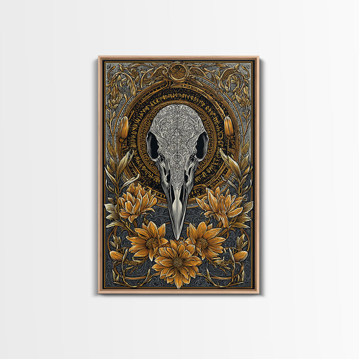 Floral Raven Skull Canvas Gold Art Canvas Art | Norse Mythology Pagan Decor for Office or Man Cave | Viking Symbol in Wood Frame