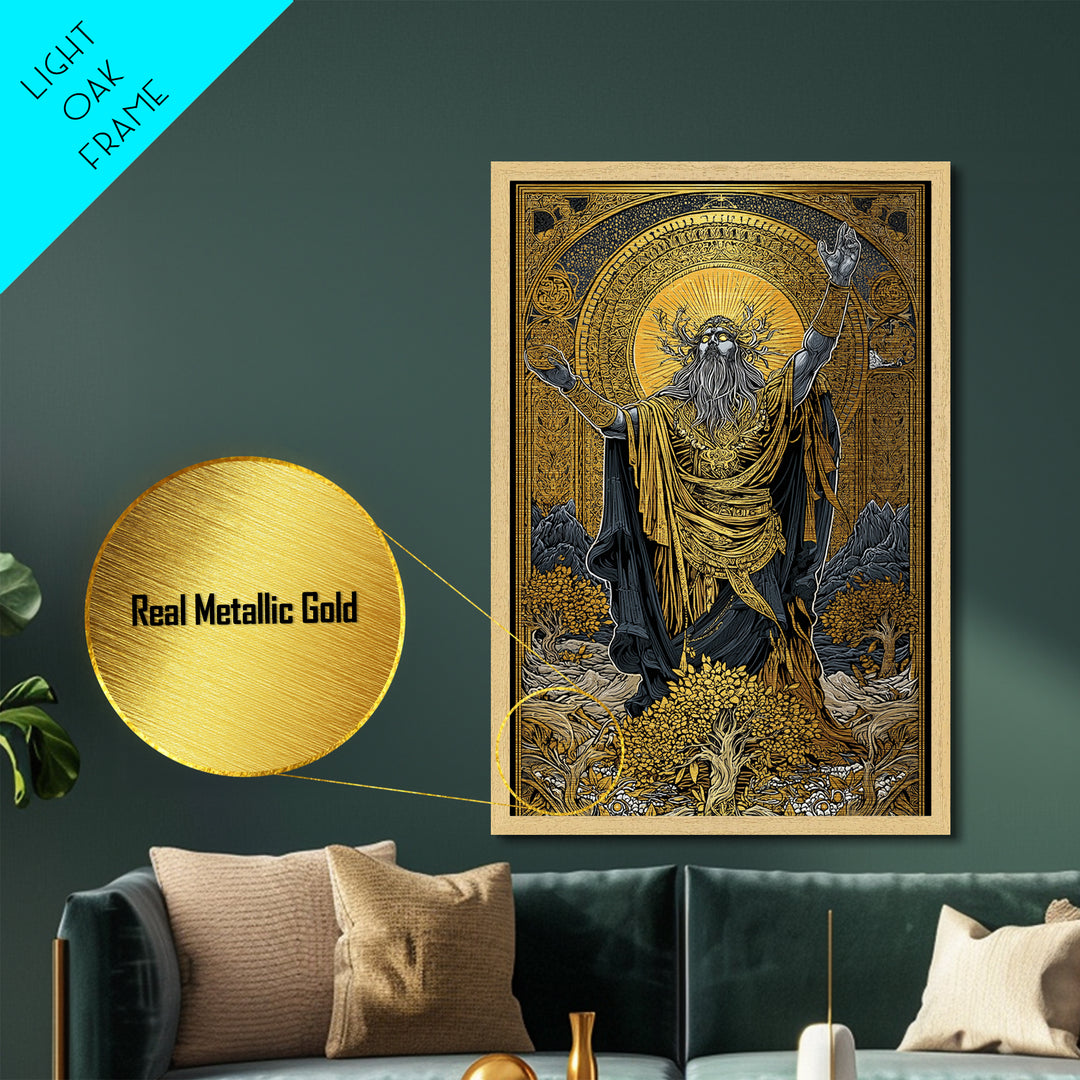 Norse God Metallic Gold Art Metal Art – Odin Inspired Mythology Wall Decor for Office, Man Cave, or Dad Gift, real wood frame