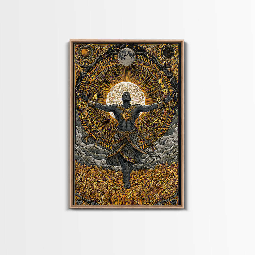 Baldr Nordic Deity Canvas Gold Art Canvas Art – Norse Mythology Sun God Wall Decor for Man Cave, Office, Dad Gift, framed wood