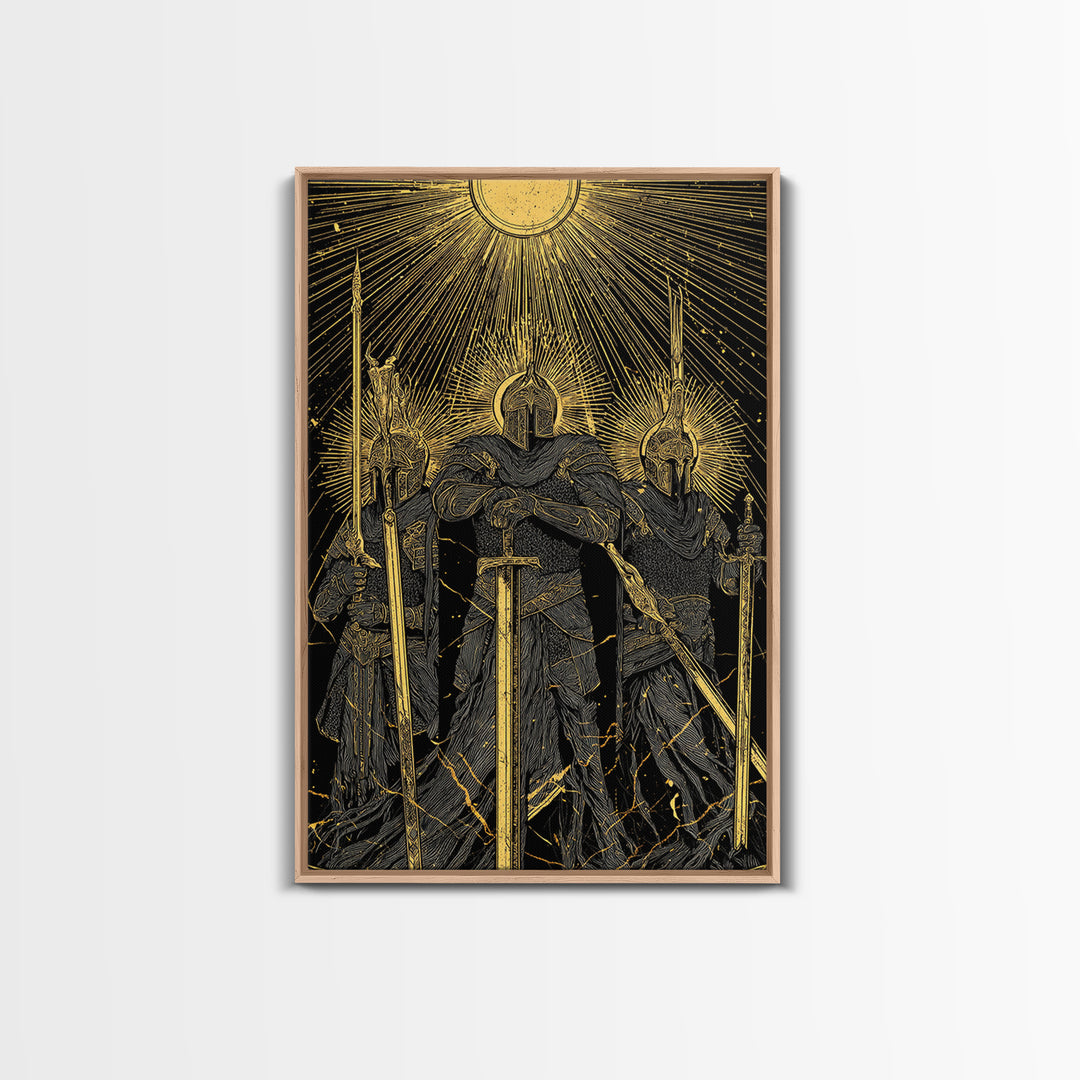 Einherjar Warriors Canvas Gold Art Canvas Art – Norse Afterlife Battle Viking Wall Decor for Dad Gift, Man Cave or Office, wood framed