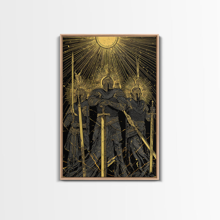 Einherjar Warriors Canvas Gold Art Canvas Art – Norse Afterlife Battle Viking Wall Decor for Dad Gift, Man Cave or Office, wood framed