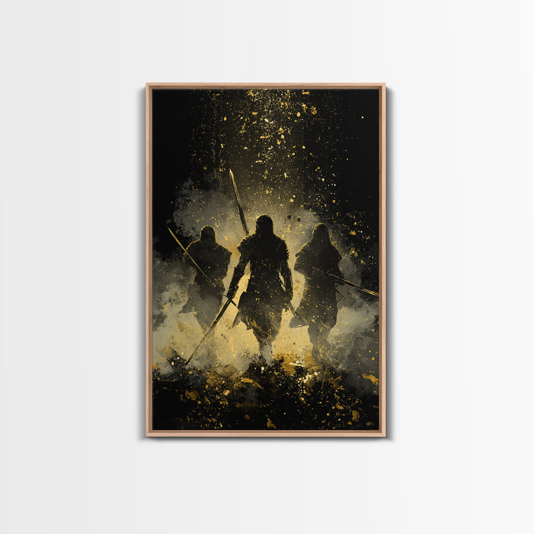 Viking Einherjar Canvas Gold Art Canvas Art – Nordic Mythology Warrior Spirits Wall Decor for Office or Man Cave, real wood frame