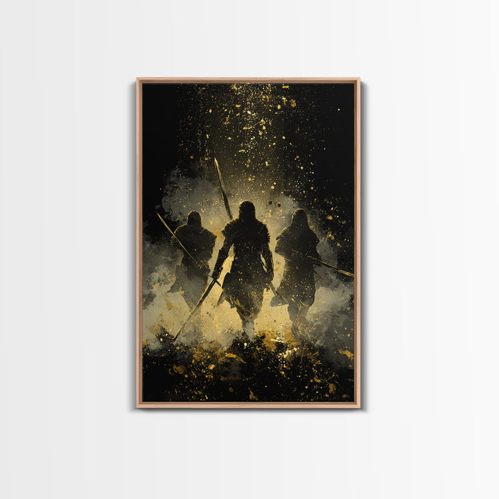 Viking Einherjar Canvas Gold Art Canvas Art – Nordic Mythology Warrior Spirits Wall Decor for Office or Man Cave, real wood frame