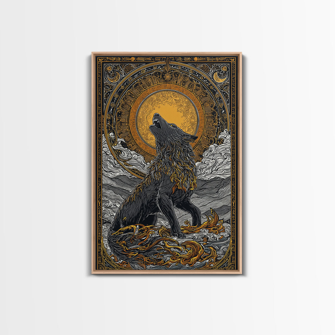 Fenrir Norse Wolf Myth Canvas Gold Art Canvas Art, Nordic Wall Decor with natural wood frame, Viking Man Cave Wall Hanging Office