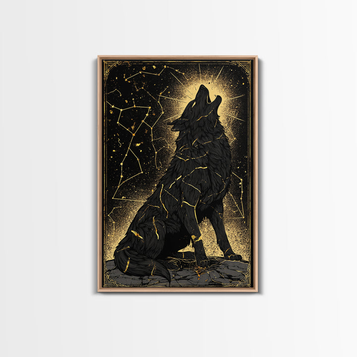 Fenrir Wolf Canvas Gold Art Canvas Art – Norse Mythology Wall Decor of Giant Wolf, Viking Office or Man Cave Gift, framed in wood