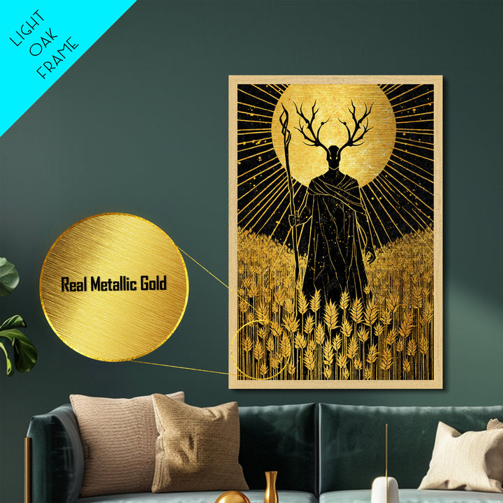 Nordic Frey God of Fertility Metallic Gold Art Metal Art, Viking Mythology Wall Decor, natural wood framed art, Office and Dad Gift