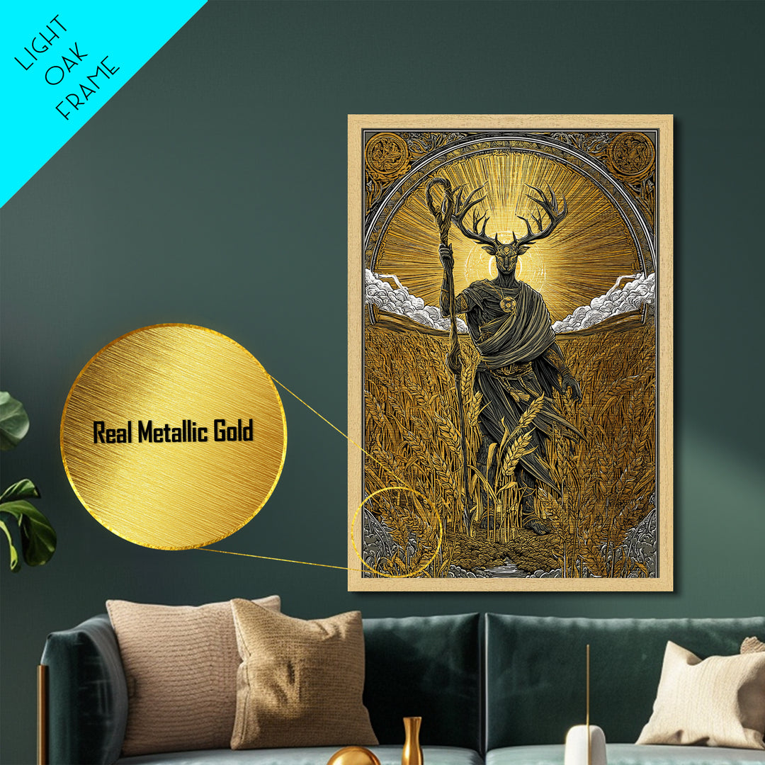 Norse God Frey Metallic Gold Art Metal Art, Nordic Mythology Wall Decor, framed in real wood, Viking Office Wall Art, Unique Dad Gift