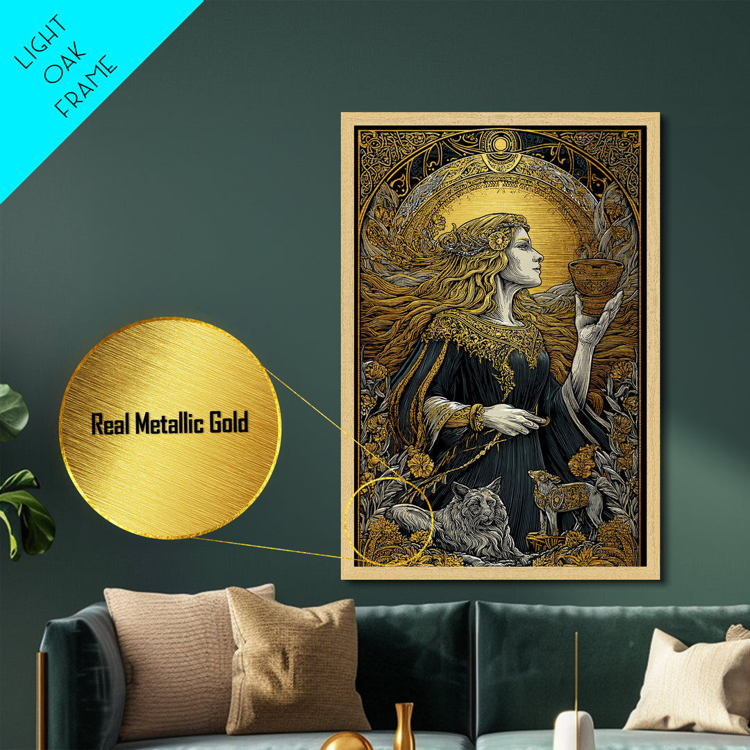 Norse Goddess Freyja Metallic Gold Art Metal Art, Viking Wall Decor framed in natural wood, Nordic Office Art and Unique Gift for Him