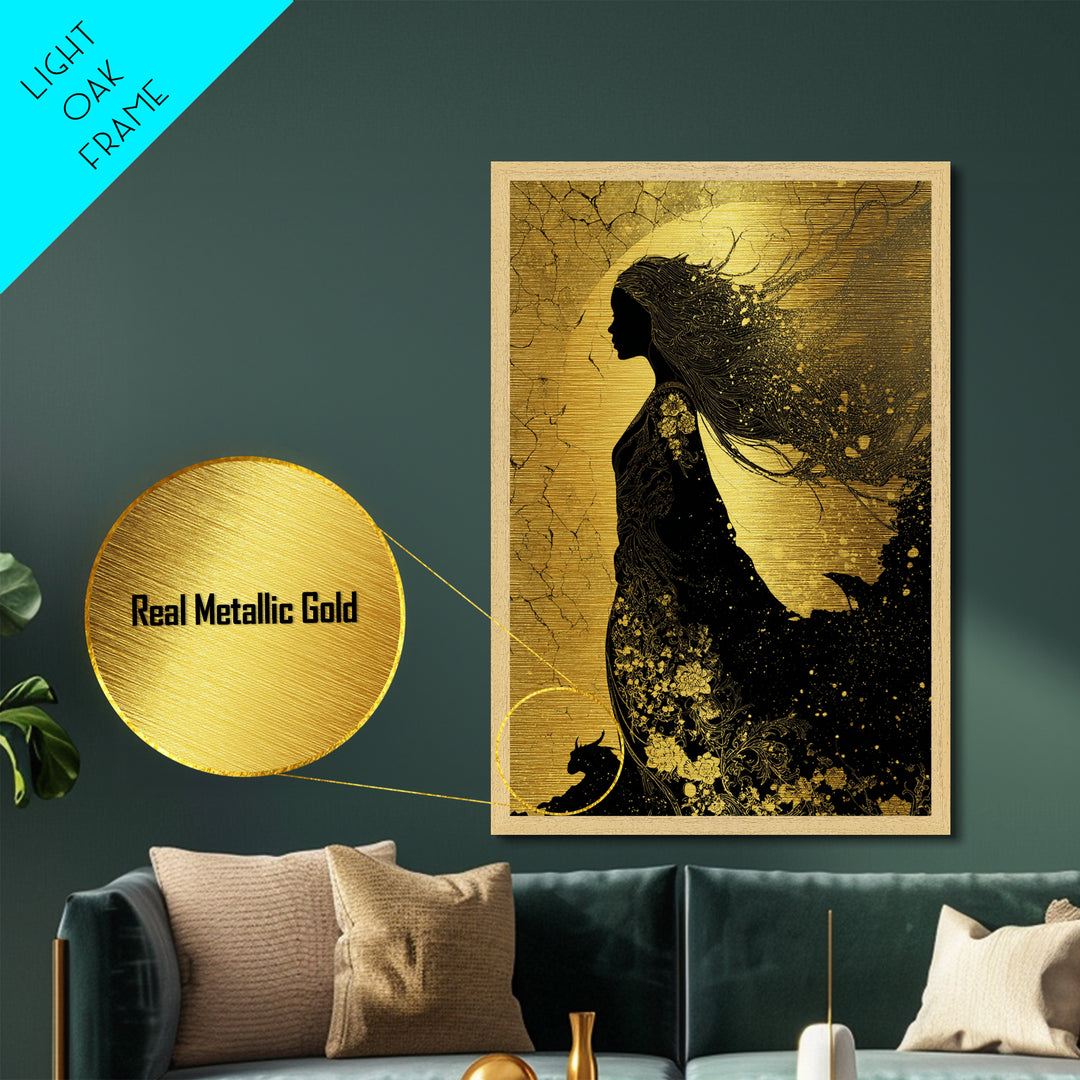 Freyja Norse Goddess Metallic Gold Art Metal Art, Viking Mythology Wall Decor, framed in real wood, Elegant Office and Man Cave Gift