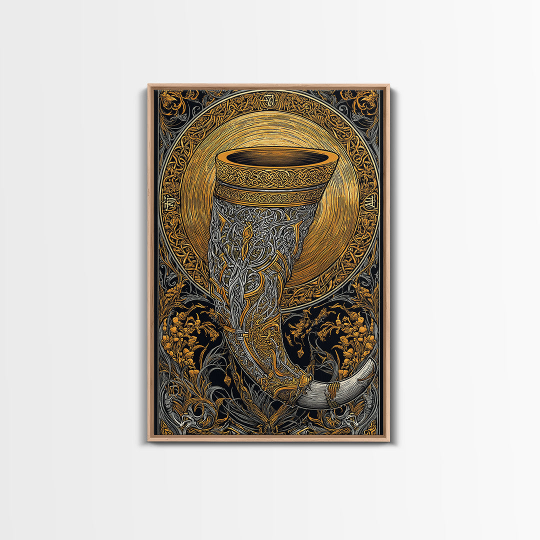 Viking Drinking Horn Wall Decor Gjallarhorn Canvas Gold Art Canvas Art Nordic Mythology Office Wall Art framed in natural wood