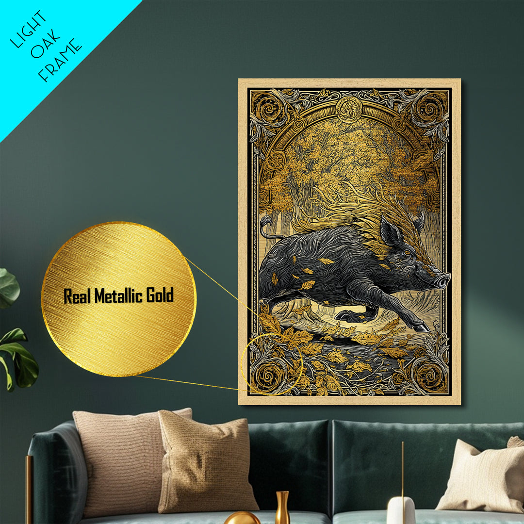 Norse Boar Gullinbursti Metallic Gold Art Metal Art Viking Wall Decor Nordic Mythology Gift Dad Office Art framed in solid wood