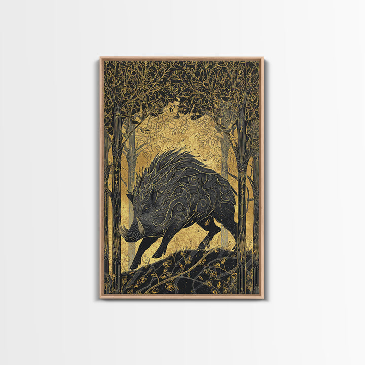 Gullinbursti Boar Norse Mythology Print Canvas Gold Art Canvas Art Nordic Wall Decor Viking Man Cave Art with real wood frame