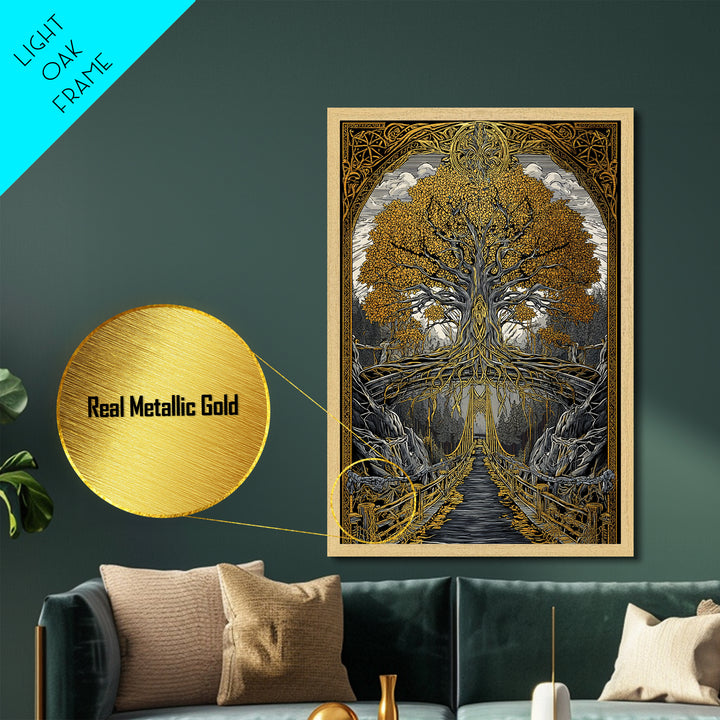 Nordic Helheim Bridge Mythology Print Metallic Gold Art Metal Art Viking Wall Decor for Men Office or Dad Gift framed in wood