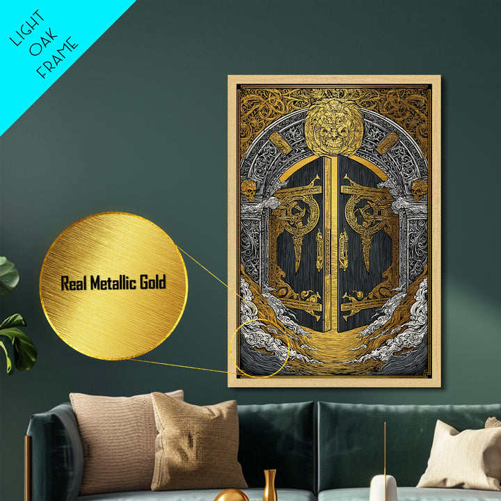 Helheim Norse Realm of the Dead Metallic Gold Art Metal Art Viking Mythology Wall Art Office Decor Man Cave framed in wood trim