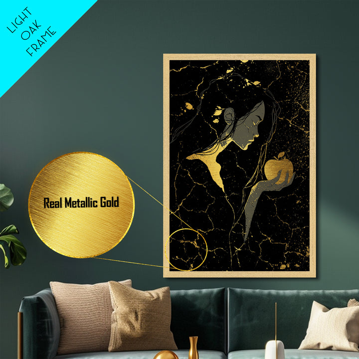 Norse Goddess Idunn Golden Apples Metallic Gold Art Metal Art Nordic Wall Decor Viking Office or Man Cave framed in real wood