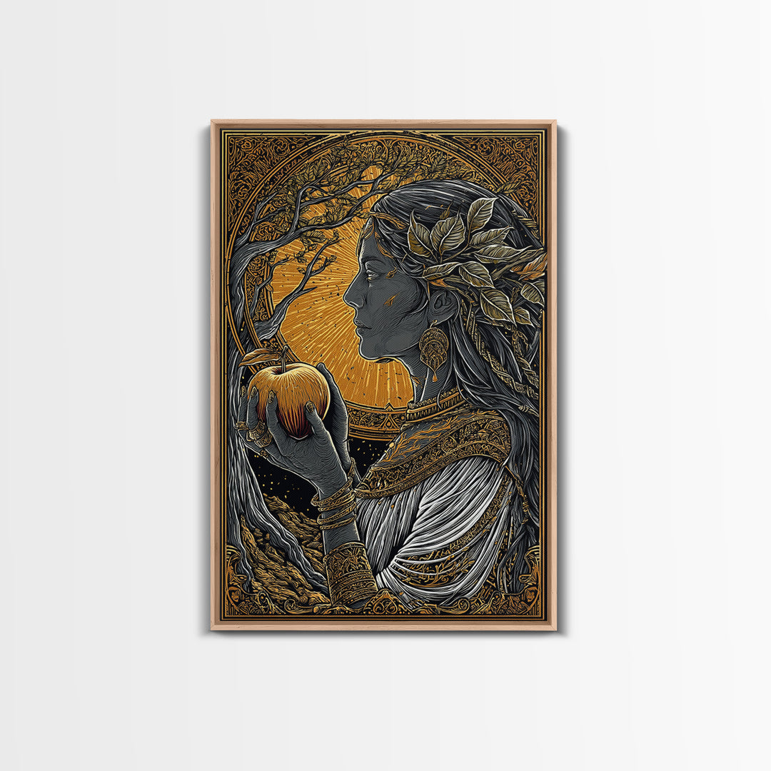 Idunn Goddess of Youth Norse Mythology Canvas Gold Art Canvas Art Nordic Wall Decor Office Art Dad Gift framed in natural wood