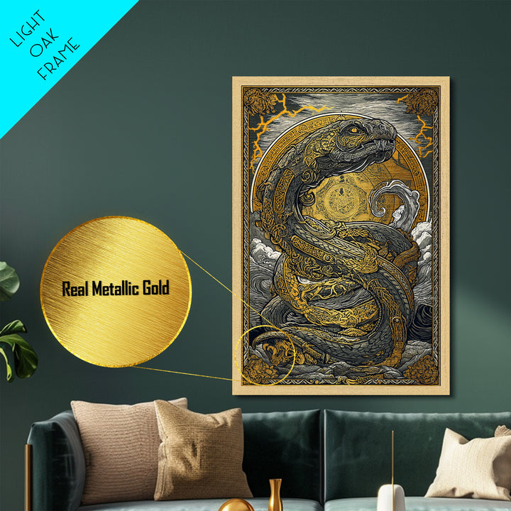 Norse Jrmungandr Metallic Gold Art Metal Art | Viking Serpent Wall Decor | Mythology Office Art framed in natural wood