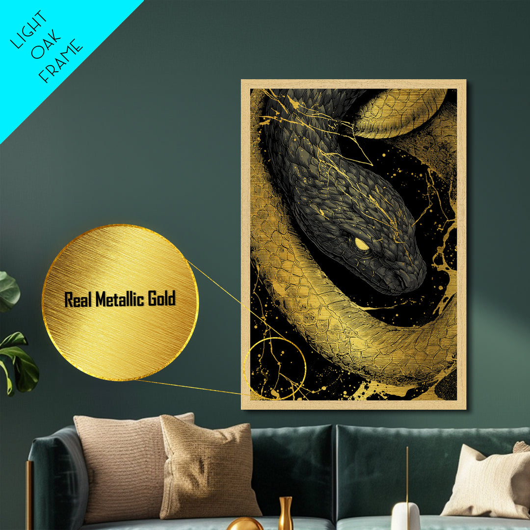 Metallic Gold Art Jrmungandr Midgard Serpent Metal Art | Norse Wall Decor | Viking Office Art with real wood frame