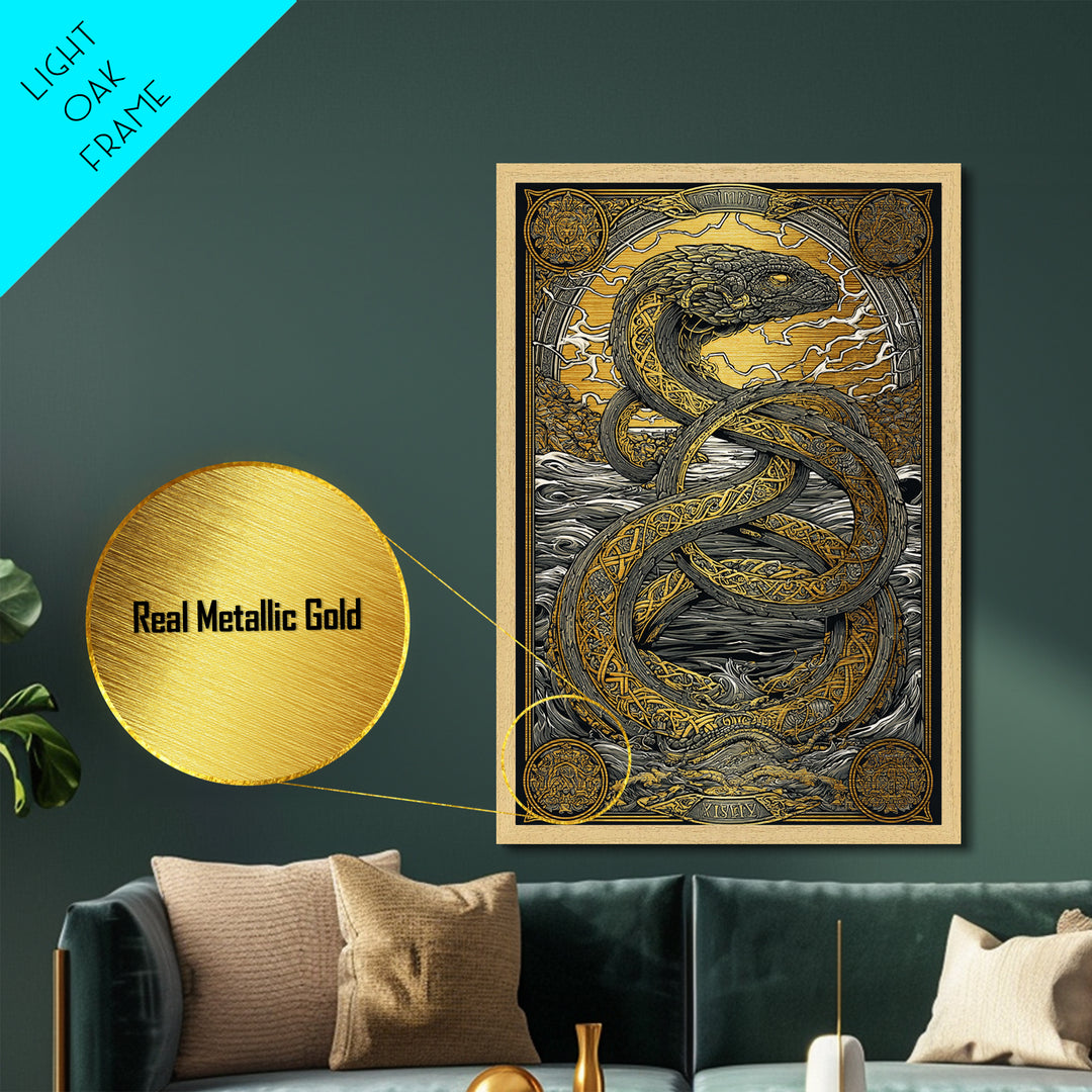 Nordic Mythology Jrmungandr Serpent Metallic Gold Art Metal Art | Viking Decor | Man Cave Gift framed in rustic wood