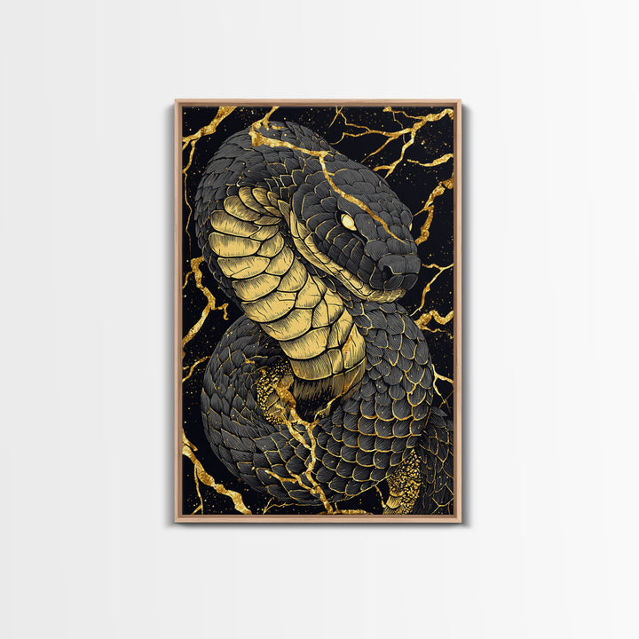 Jormungandr Midgard Serpent Canvas Gold Art Canvas Art Viking Mythology Wall Decor Nordic Office Man Cave Gift with wood frame