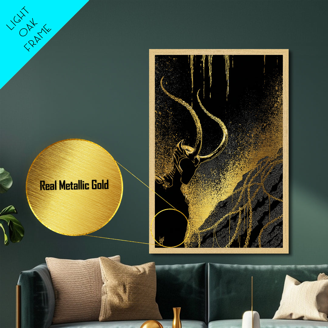 Loki Bound Metallic Gold Art Metal Art | Norse Trickster God Wall Decor | Viking Mythology Man Cave framed in wood