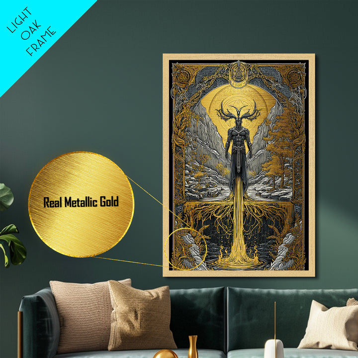 Nordic Loki Metallic Gold Art Metal Art | Viking God of Mischief Wall Decor | Norse Office Art Gift in real wood frame