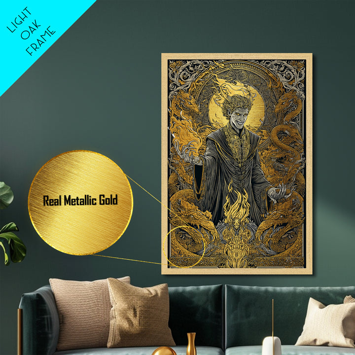 Loki Mythology Metallic Gold Art Metal Art | Norse Trickster God Viking Decor | Office Wall Art framed with wood