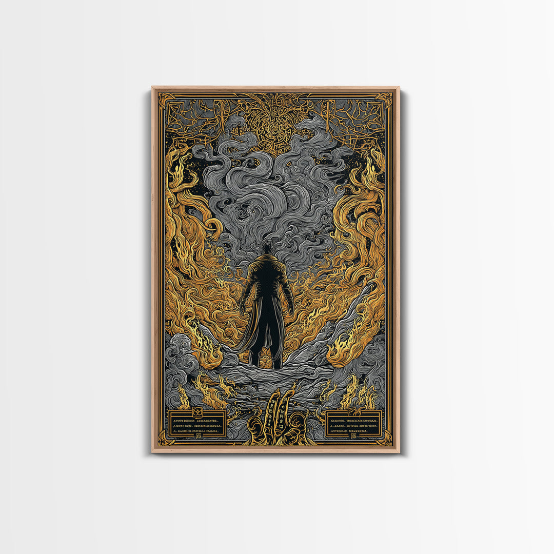 Canvas Gold Art Loki Norse God Canvas Art | Viking Wall Decor | Nordic Mythology Office Art Gift in natural wood frame
