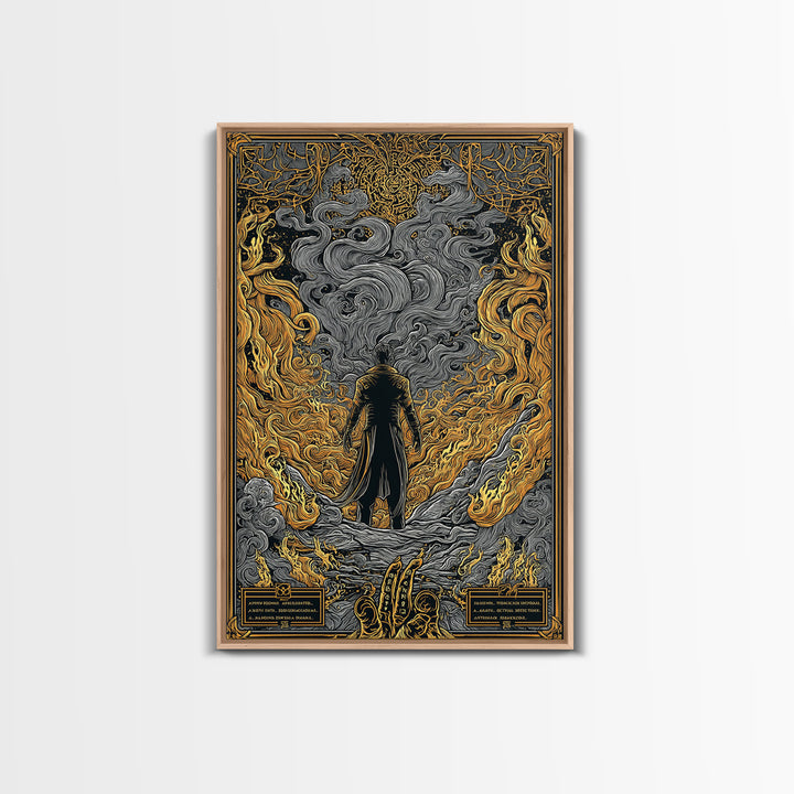 Canvas Gold Art Loki Norse God Canvas Art | Viking Wall Decor | Nordic Mythology Office Art Gift in natural wood frame