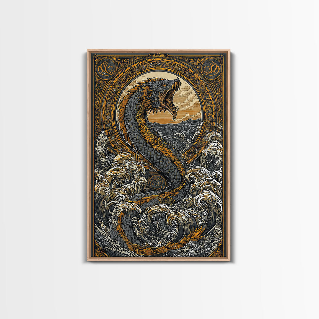 Midgard Norse Landscape Canvas Gold Art Canvas Art | Viking World Tree Inspired Decor | Mythology Office Art framed wood