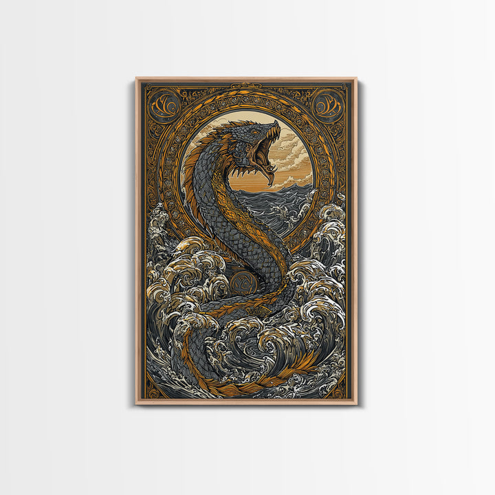 Midgard Norse Landscape Canvas Gold Art Canvas Art | Viking World Tree Inspired Decor | Mythology Office Art framed wood