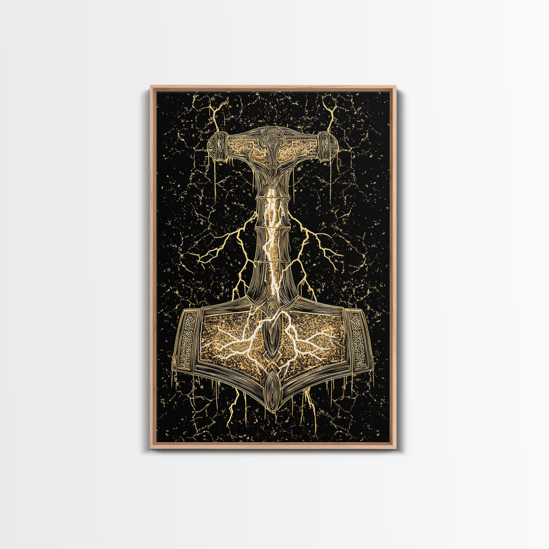 Thor’s Hammer Mjolnir Norse Mythology Canvas Gold Art, Viking Canvas Art with Lightning, framed in natural real wood for office décor