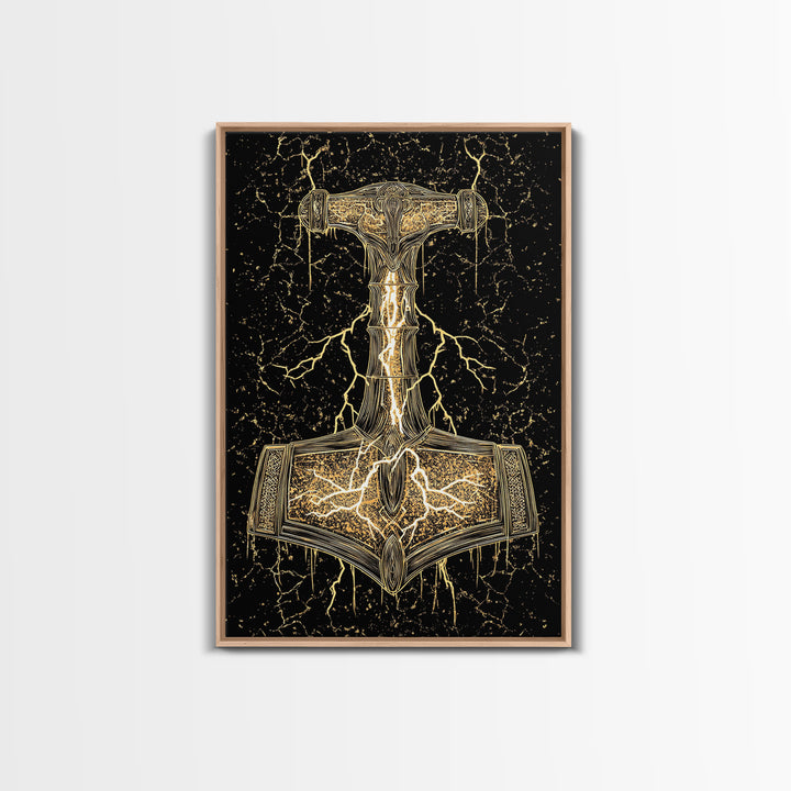 Thor’s Hammer Mjolnir Norse Mythology Canvas Gold Art, Viking Canvas Art with Lightning, framed in natural real wood for office décor