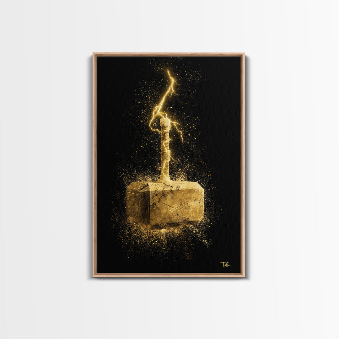 Canvas Gold Art of Thor’s Hammer Mjolnir, Norse Mythology inspired Canvas Art, Viking Man Cave wall décor with real wood framing