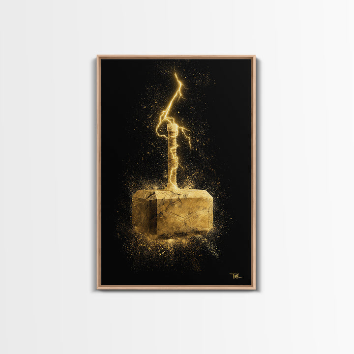 Canvas Gold Art of Thor’s Hammer Mjolnir, Norse Mythology inspired Canvas Art, Viking Man Cave wall décor with real wood framing