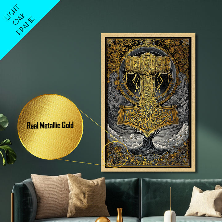 Norse Mythology Mjolnir Hammer Artwork, Metallic Gold Art and Viking Metal Art, framed in real wood, Nordic office and dad gift décor