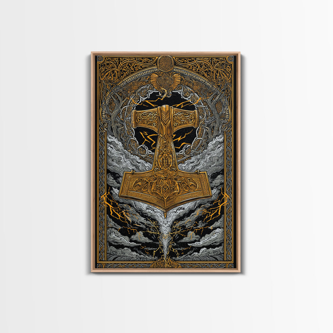 Viking Thor’s Hammer Mjolnir Wall Art, Canvas Gold Art and Canvas Art, Norse Mythology inspired office décor framed in solid wood