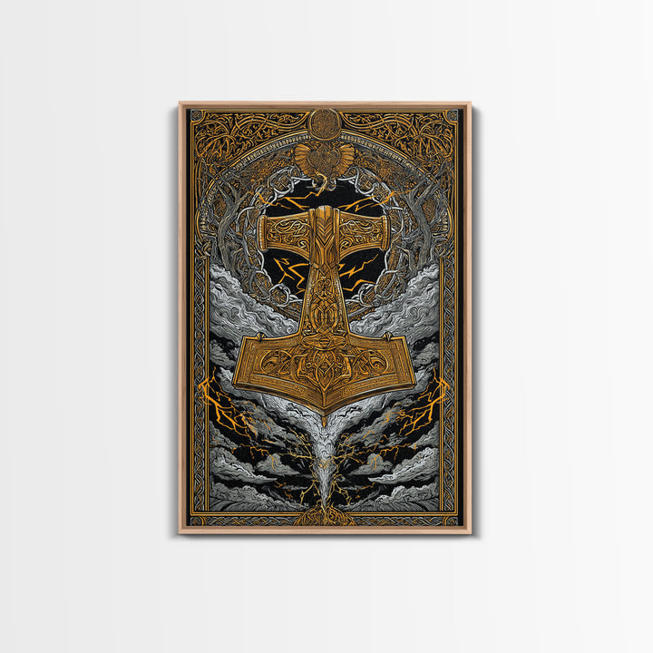 Viking Thor’s Hammer Mjolnir Wall Art, Canvas Gold Art and Canvas Art, Norse Mythology inspired office décor framed in solid wood