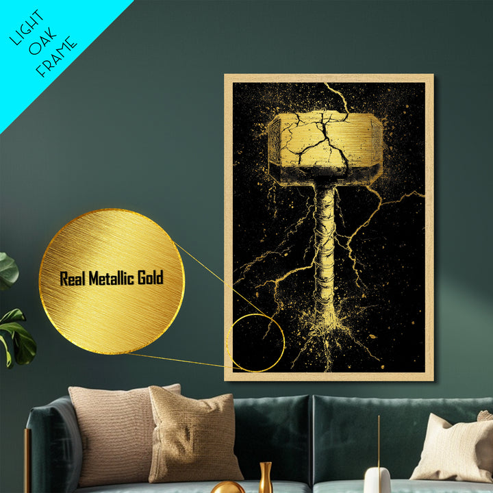Thor’s Mjolnir Metallic Gold Art, Viking Metal Art from Norse Mythology, framed in real wood, striking office wall art and man cave gift