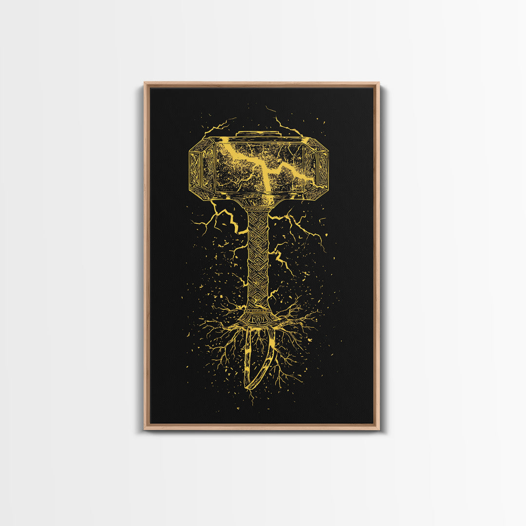 Mjolnir Thor’s Hammer Canvas Gold Art Canvas Art | Norse Viking Mythology Wall Decor | Office or Man Cave framed in wood