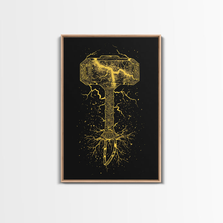 Mjolnir Thor’s Hammer Canvas Gold Art Canvas Art | Norse Viking Mythology Wall Decor | Office or Man Cave framed in wood
