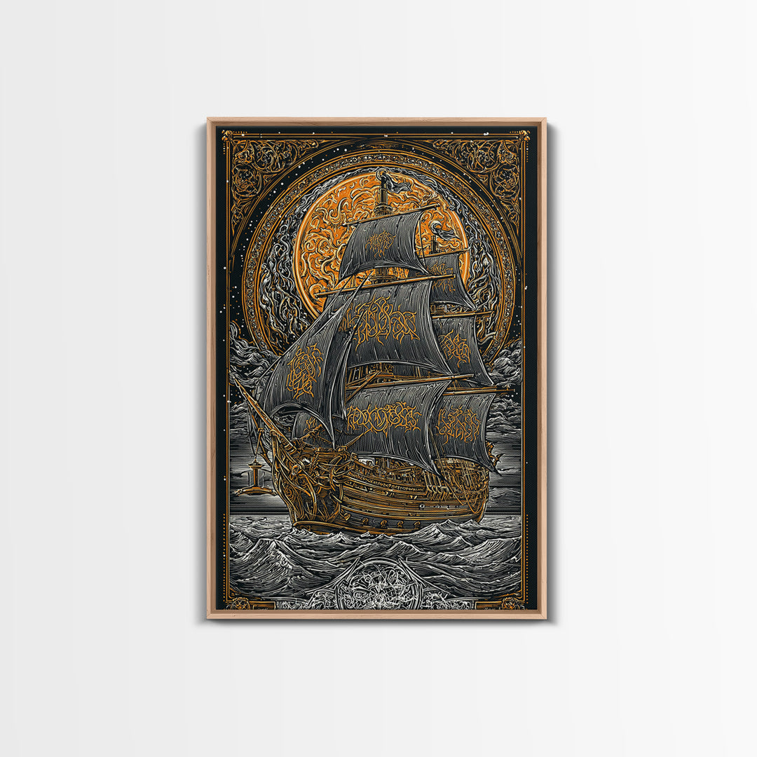 Viking Naglfar Ship Wall Art, Canvas Gold Art and Norse Canvas Art, Nordic Mythology scene framed in real wood for office or dad décor