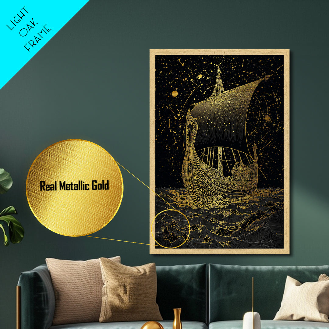 Norse Naglfar Viking Ship Artwork, Metallic Gold Art and Metal Art, Nordic Mythology wall décor framed in real wood, unique dad gift