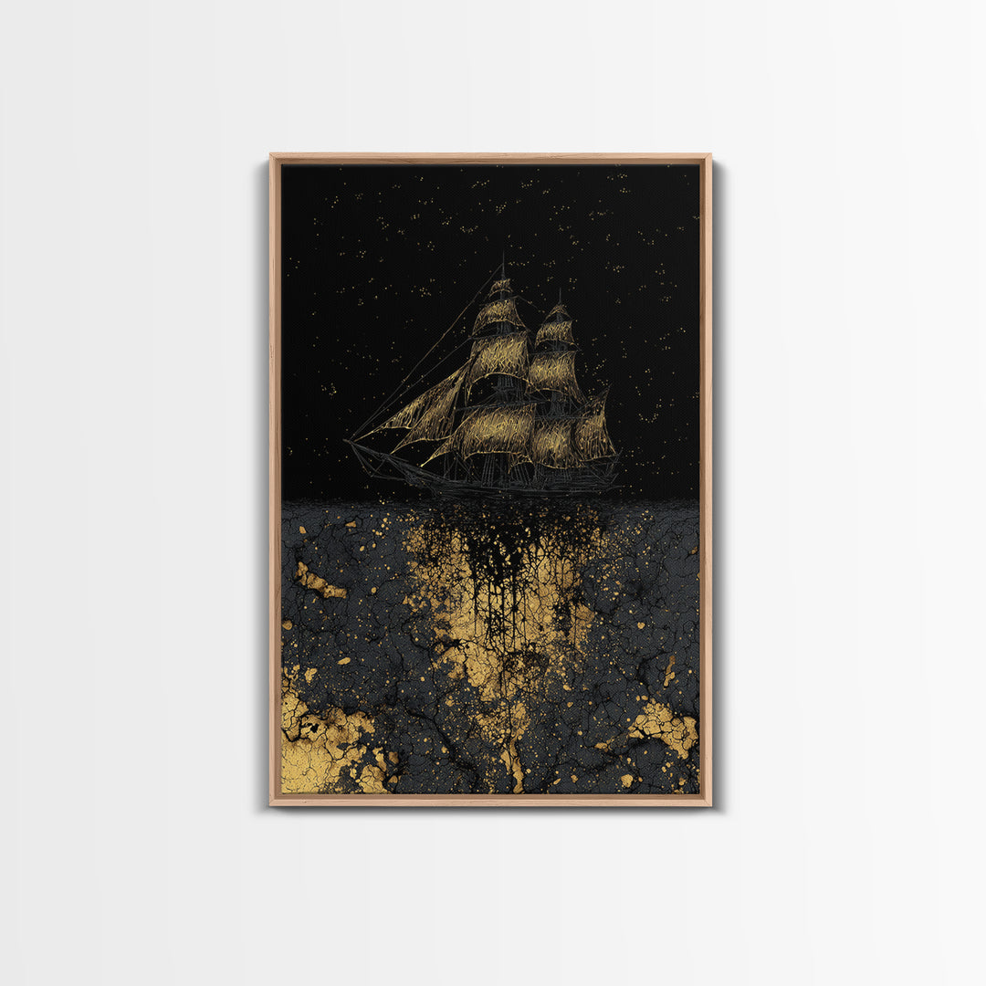 Canvas Gold Art of the Ship Naglfar, Viking Mythology Canvas Art, Norse legend inspired décor framed in natural wood for man cave wall