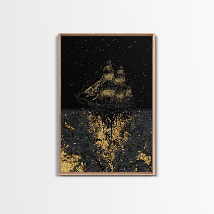 Canvas Gold Art of the Ship Naglfar, Viking Mythology Canvas Art, Norse legend inspired décor framed in natural wood for man cave wall