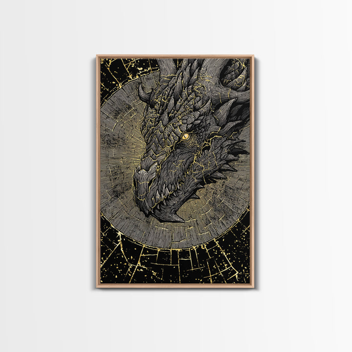 Canvas Gold Art of Nidhogg Dragon Head, Norse Mythology Canvas Art for Man Cave or Office, Viking Wall Decor framed in natural wood