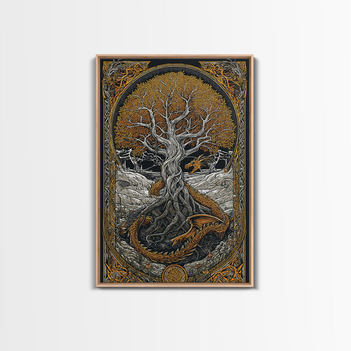 Yggdrasil World Tree Canvas Gold Art, Norse Mythology Canvas Art with Nidhogg Dragon, Viking Wall Decor framed in Real Wood